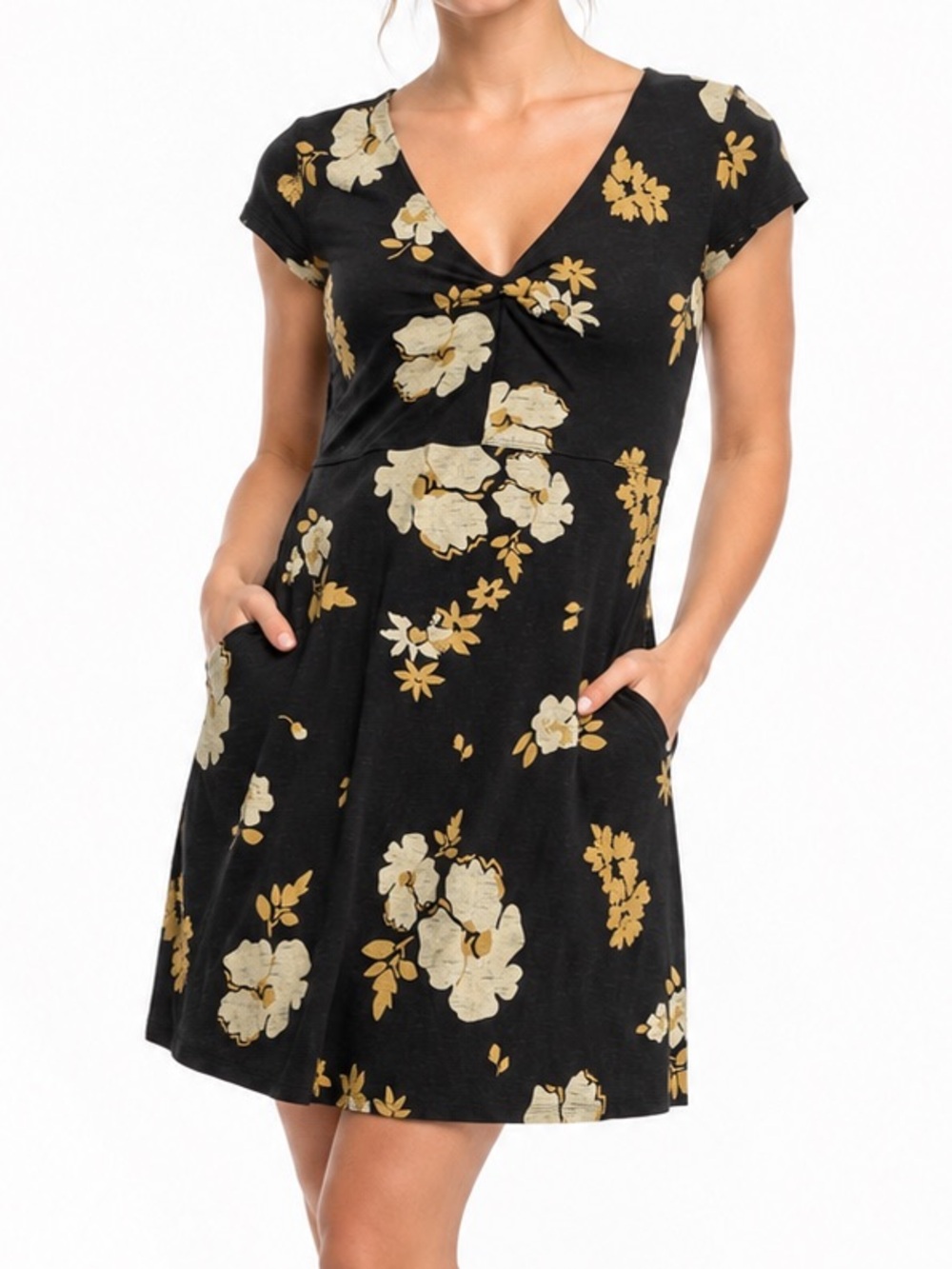 Toad&Co Black Floral Mini Dress XS Pockets Short Sleeve V-Neck A-Line